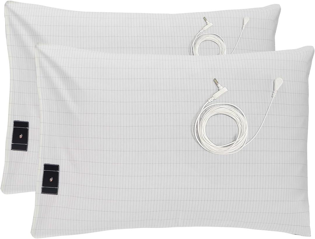 Grounding Pillowcases, 20x30 Inch,White Grounding Pillowcases with Grounding Cords,Soft Cotton Silver Fiber Grounding Pillow Case for Better Sleep (Pack of 2)