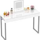 GreenForest Vanity Desk with 2 Drawers,Glossy Desktop White Desk for Bedroom,Makeup Table with Storage Space,Small Desk for Home Office,(39 inch No Mirror) (Silver)