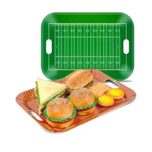 gisgfim 2Pcs Football Serving Trays, 16.1 x 11.1 Inch, Melamine, Rectangular, Green, Football Themed Design, Stackable, Handle, Perfect for Game Day Snacks, Tailgate, Birthday Party Decorations