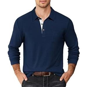 COOFANDY Men's Casual Polo Shirt Long Sleeve Classic Plaid Button Tshirt with Pockets Slim Fit Fashion Work Shirt Blue M