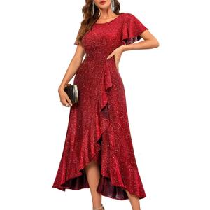 BeryLove Women Sequin Formal Party Dress Flutter Short Sleeve Wedding Cocktail Long Evening Dress (Red, M)