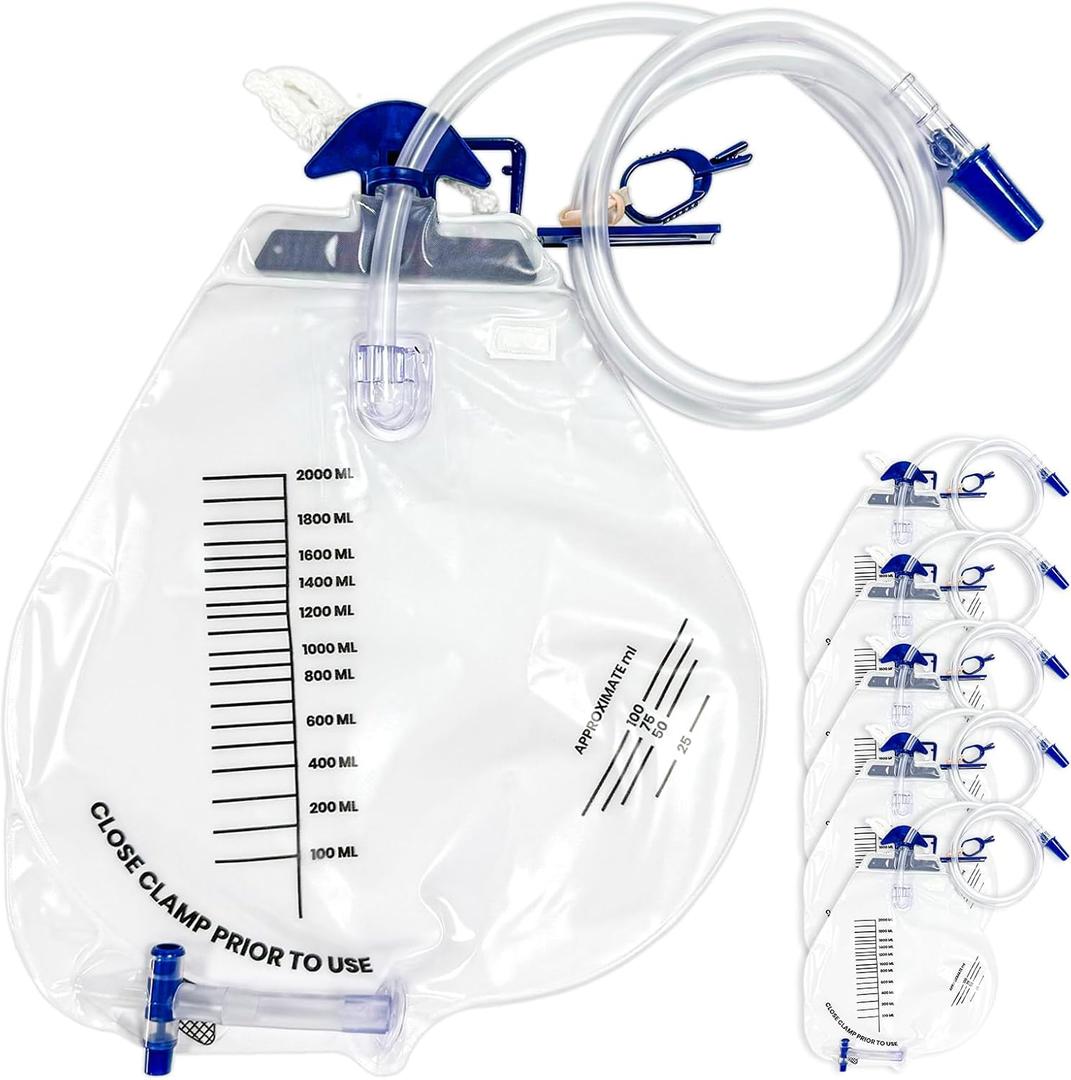 Carbou 2000ml Urine Drainage Bags, 6 Pcs Catheter Bags with Anti-Reflux Chamber - 48" Drainage Tube with Clamp & Hook, Quick-Release Drain Port