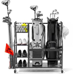 Golf Bag Storage Rack for Garage, Heavy Duty Golf Organizer with 3-Tier Storage Shelf, Golf Club Stand Holder for 2-3 Bags, Balls, Shoes & Accessories, Metal Golf Equipment Storage Organizer, 2-Bag Capacity