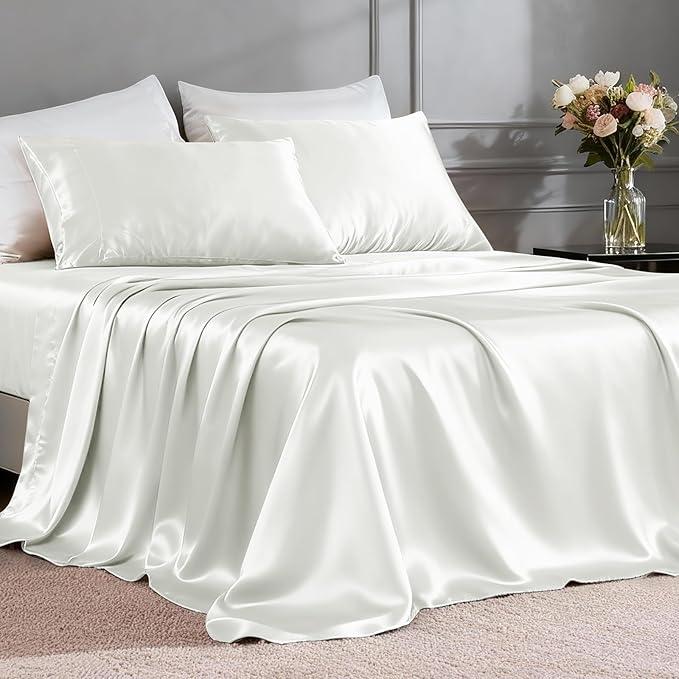 Satin Sheets Twin Size Bed Set - 3 Piece Luxury Soft Silky Twin Bed Sheets, Similar to Silk Sheet Set with 1 Deep Pocket Fitted Sheet, 1 Flat Sheet & 1 Pillowcase (Ivory White)