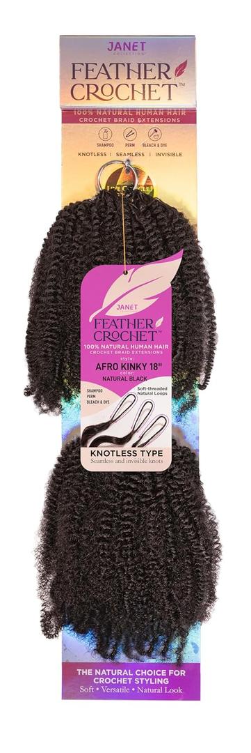 Janet Collection Human Hair Crochet Braids Feather Crochet Afro Kinky 18"(50g/40 Strands) (NATURAL BLACK)