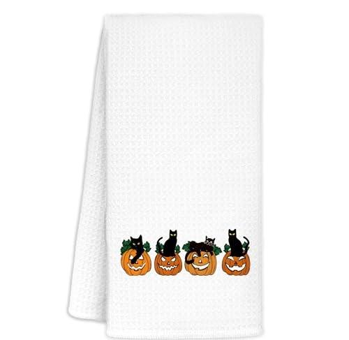 CIOJUNE Halloween Pumpkin Black Cat Kitchen Towels, Black Cat Halloween Decor Dish Tea Towels for Kitchen, Spooky Pumpkin Decorative Hand Towel for Bathroom, 16x24 Inch