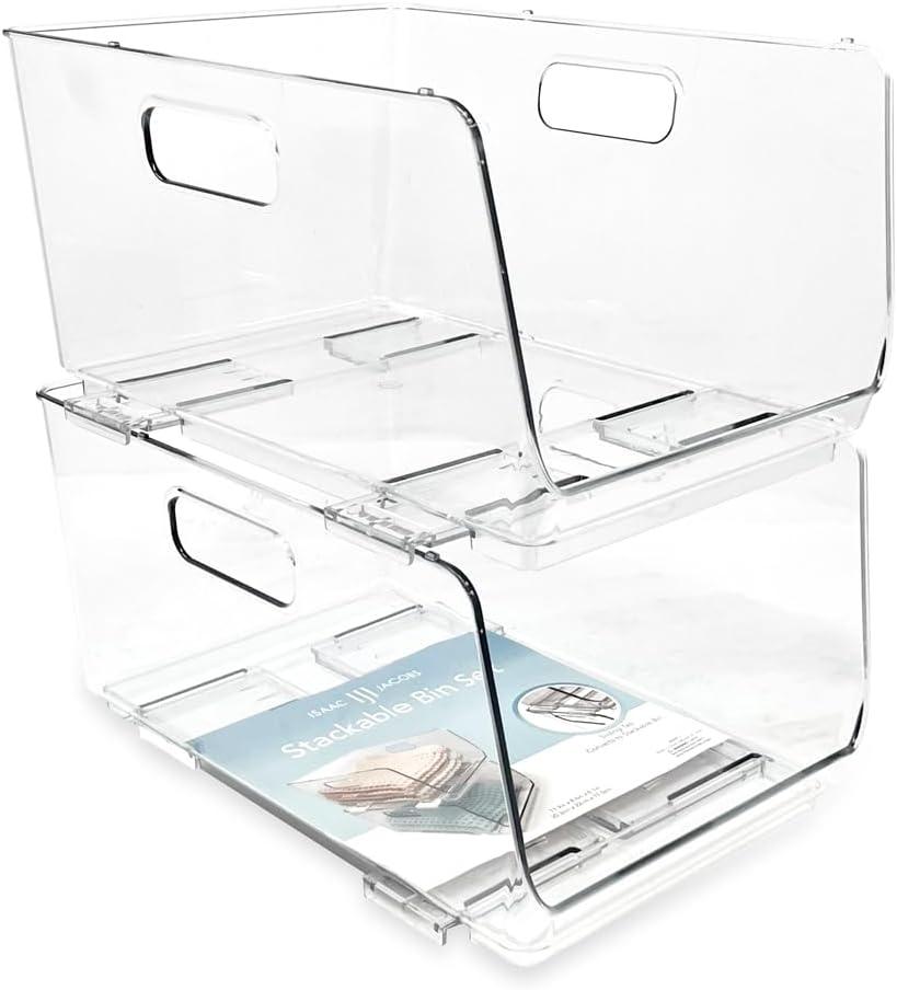 Isaac Jacobs 2-Piece (11.9" x 8.6" x 6.1") Large Deep Stackable Clear Storage Bins w/Open Front, Versatile Use, Set of 2, Desk, Office, Bathroom, Bedroom, Closet