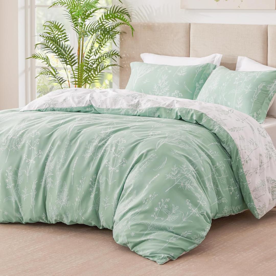 Love's cabin Sage Green Comforter Set Queen - Queen Size Comforter Set, 3 Pieces Cute Floral Bedding Sets for All Seasons,1 Soft Reversible Botanical Flowers Comforter and 2 Pillow Shams (Queen (90"x90"), 01 - Sage Green)