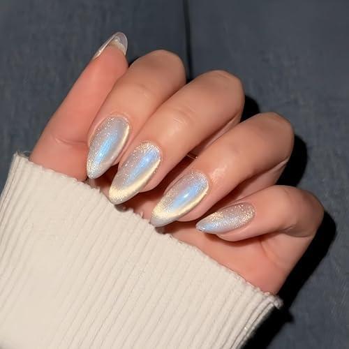KQueenest Cat Eye Press on Nails Almond, Glitter Chrome Press on Nails Medium, Sparkly Shiny White Fake Nails Set, Bling Aurora Soft Gel Glue on Nails Stiletto for Women Small Hand for Wedding 30 Pcs