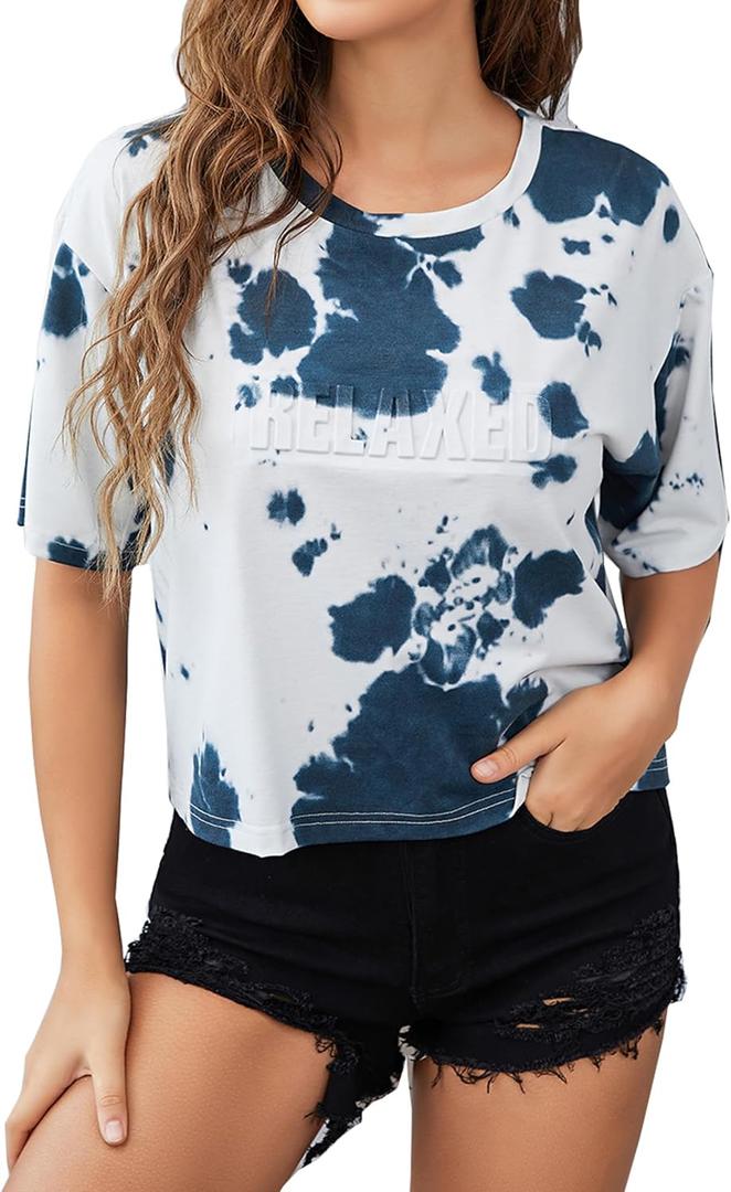 ft FENTENG Women's Crop Tops T Shirts Short Sleeve Casual Tops Round Neck Tee Shirt (Medium, Tie Dye Black)