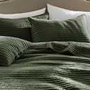 WDCOZY 100% Cotton Queen Size Quilt Set - Olive Green Striped Pick Stitch Soft Lightweight Bedspread, Textured Like Linen, Farmhouse Country Rustic Coverlet, Shabby Chic Gauze Bedding, 3 Pieces, Full/Queen