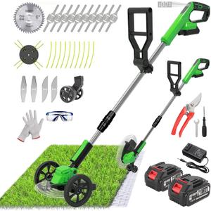 Cordless Weed Wacker Eater Battery Powered, 21V Lightweight Electric Weed Trimmer with 2 Battery Operated & Charger& Wheels & Shears, No-String Grass Trimmer/Brush Cutter/Lawn Edger for Yard Garden (Missing Charger and Scissors )