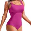 Charmo Womens Scalloped Ribbed One Piece Swimsuits Retro Square Neck Modest Bathing Suits Magenta Pink, XL