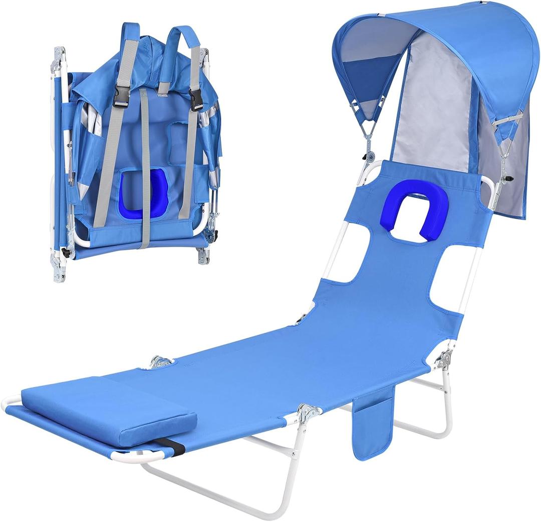Backpack Beach Tanning Chair with Canopy and Face Hole, 6-Position Folding Lay Out Lounge Chair, UPF 50+ Wind-Resistant Sun Shade, Portable Recliner for Sunbathing, Outside, Poolside, Lawn, Patented  1, Royal Blue
