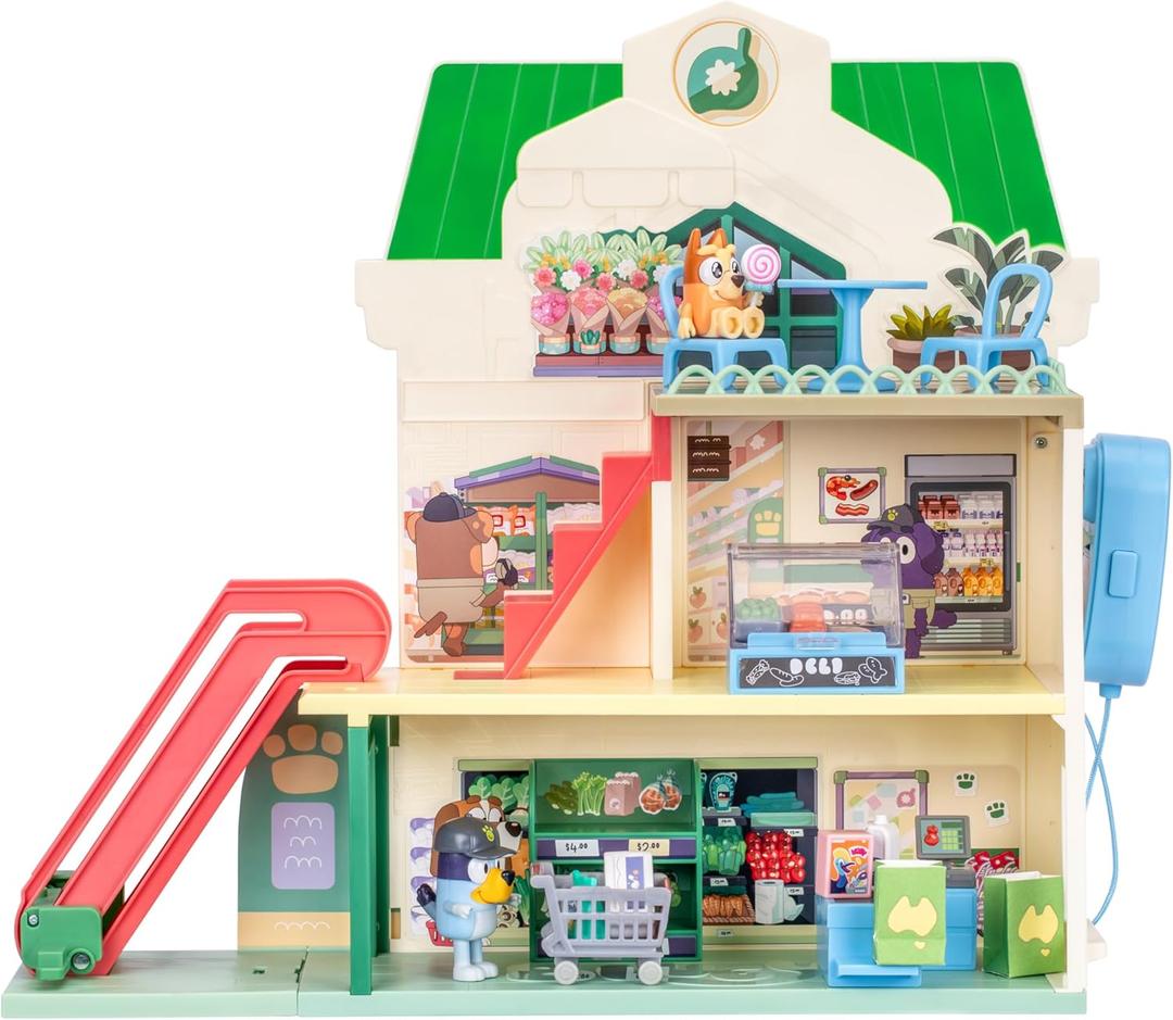 Bluey and Bingo Supermarket Playset with Escalator, Pretend Play Toys for Toddlers, Sounds and 15 Pieces, Bluey Grocery Store Playset, 1:24