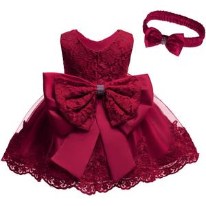 0-6T Toddler Baby Girls Embroidered Tutu Ball Gown Lace Dresses with Headwear (Red)