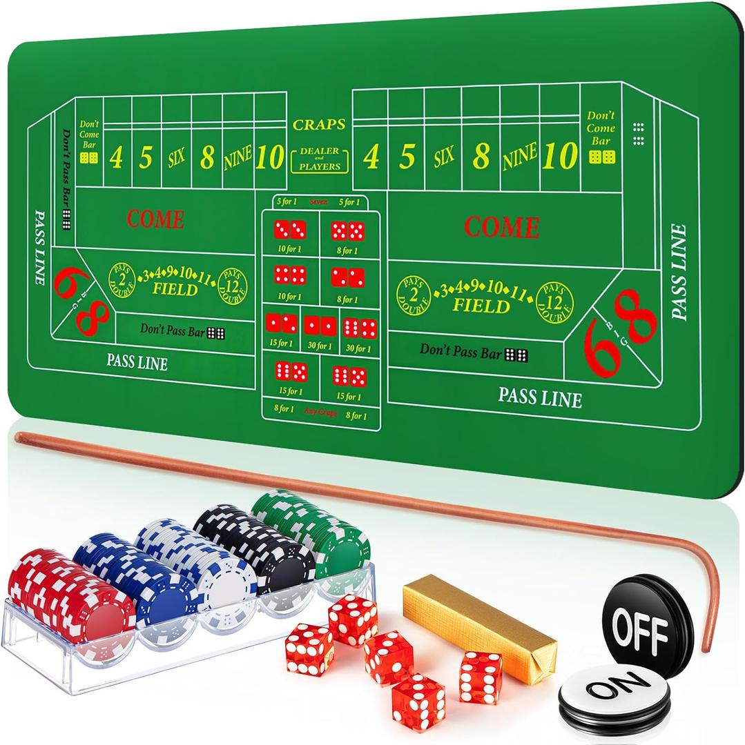Leyndo Craps Tabletop Game Set, Includes 35" x 70" Rubber Craps Tabletop Layout Mat, 36" Rattan Stick, Casino Grade AAA 19mm Dice, 3 Inch On/Off Buttons and 100 Poker Chips with Case (Green)