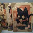 Pouydmi Japanese Cat Wall Art Black Cat Poster Eating Ramen Canvas Wall Decor Japan Tokyo Wall Art Funny Cat Prints Pictures Japanese Painting for Kitchen Bedroom 16x24x3 Inch Ready to Hang