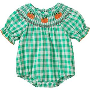 2 x Ayalinggo Halloween Baby Girl Outfits Newborn Pumpkin Plaid Short Sleeve Smocked Bubble Romper Cute Infant Christmas Clothes (Blue)