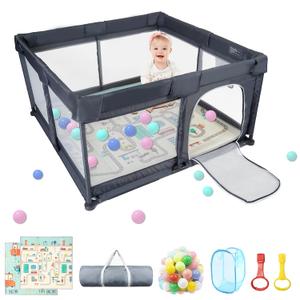Baby Playpen 50" x 50", Baby Play Pen with Mat Portable Playpen for Babies and Toddlers for Indoor & Outdoor, Sturdy Safety Play Yard with Soft Breathable Mesh, Anti-Fall - DK. Grey (50"x50"+Mat)