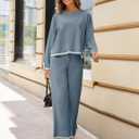 Tanming Women's 2 Piece Outfits Long Sleeve Knit Sweater Top Wide Leg Pants Lounge Sets Tracksuits (Blue, M)
