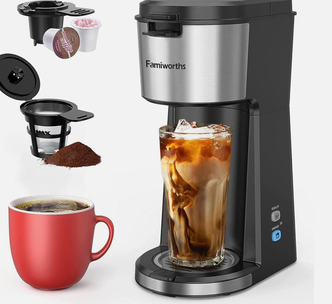 Famiworths Single Serve Coffee Maker for K Cup & Ground Coffee, With Bold Brew, One Cup Coffee Maker, 6 to 14 oz. Brew Sizes, Fits Travel Mug, Black