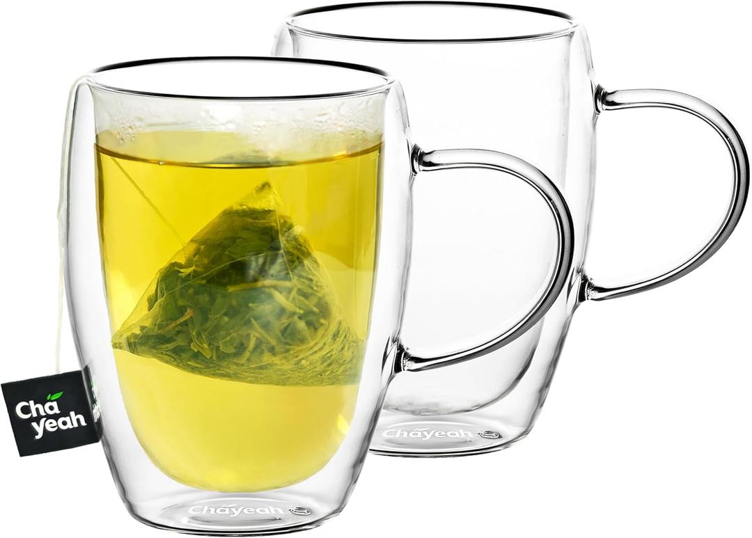 ChaYeah, Double Wall Glasses, 12 OZ Insulated Cups with Handle, Perfect for Tea, Coffee, Water, and More (Set of 2)