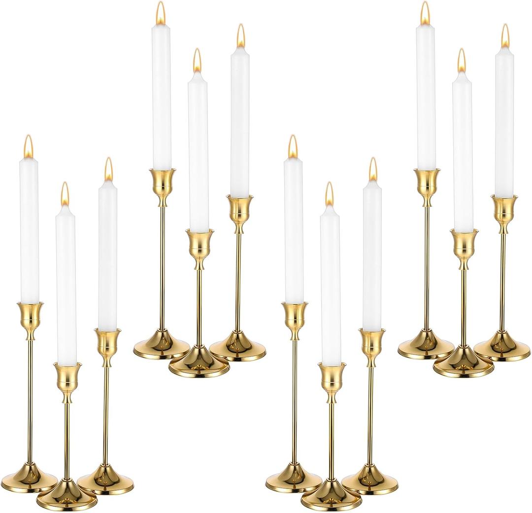 12 Pack Brass Golden Candlestick Holders, Vintage Taper Candle Holders Set in 3 Sizes for Dining Table, Fireplace, Party Decor
