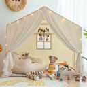 Kids Play Tent with Padded Mat, Kids Tents Indoor Playhouse for Toddler, Large Princess Castle Pompoms Play House Tent for Girl Bed Tents Toys for Boys Girl Birthday, Christmas House Gift (Neutral)