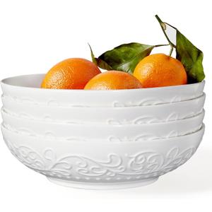 Artena Pasta Bowls 32oz, Ceramic Large Salad Bowls 8 inch, White Embossed Soup Bowl Set of 2 for Serving, Entertaining, Dinner Spaghetti, Wide Shallow, Microwave Dishwasher Oven Safe