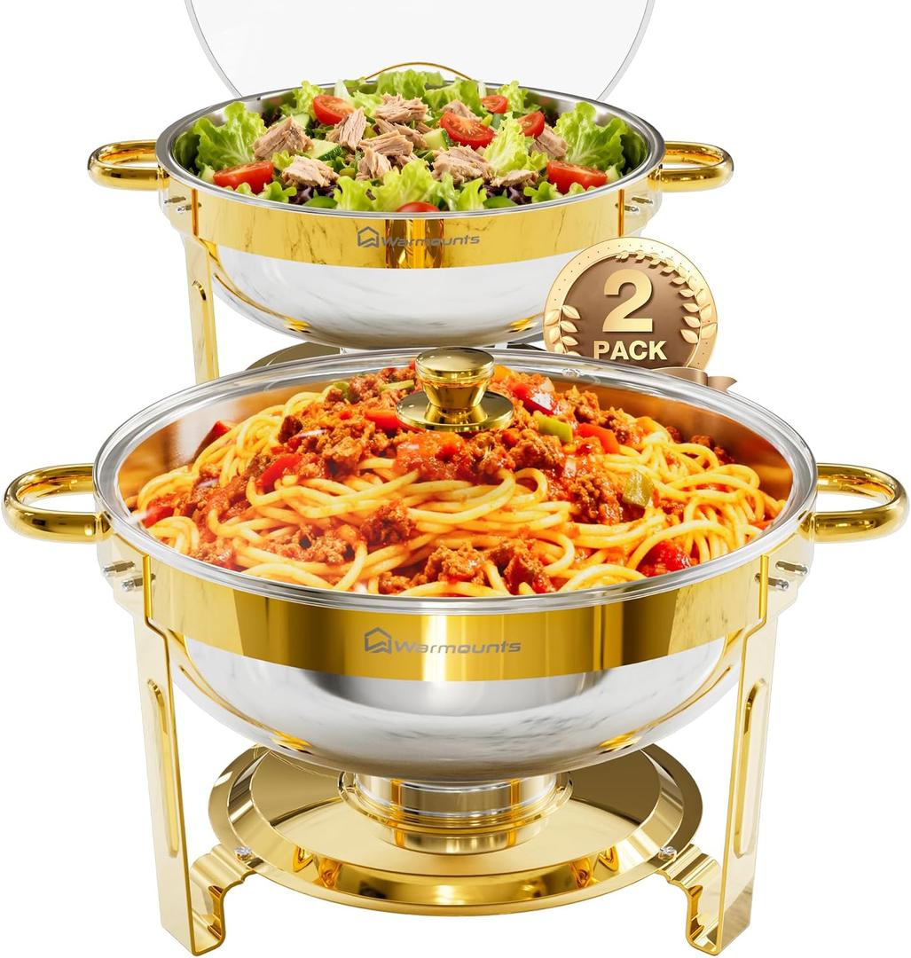 WARMOUNTS Gold Chafing Dishes for Buffet, Stainless Steel Round Chafers and Buffet Warmers Sets with Glass Lid & Lid Holder, Stackable Design, for Catering Events, Parties, Weddings (2, Gold)