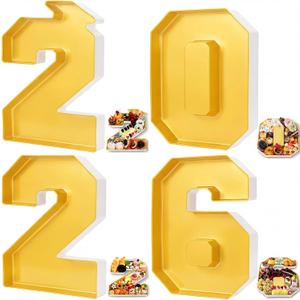 Tellingyou 4 Pcs 13.7" 2026 Charcuterie Numbers Fillable Graduation Disposable Mache Box Chocolate Candy Tray Grad Container Decoration(Gold,2026)