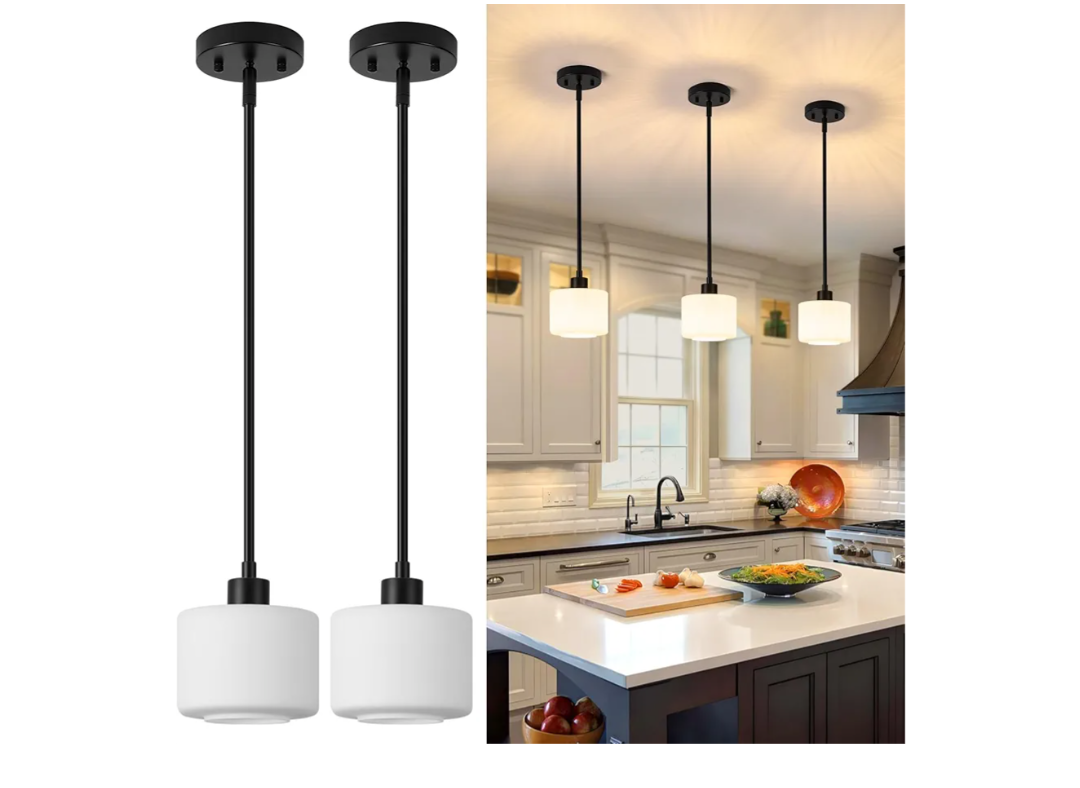 Black Pendant Lights Kitchen Island 2 Pack, Modern Milk Glass Hanging Light Fixtures with Rods, Mini Kitchen Pendant Lighting Over Island for Sink Bathroom, OS-YQ8153-2PBK