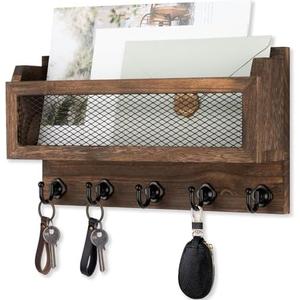 Nekon Mail and Key Holder for Wall Decorative, 11 Inch Wooden Wall Key Organizer with 5 Key Hooks, Wall Mount Storage Shelf for Entryway Hallway (Brown)
