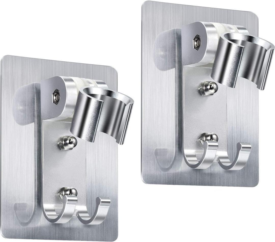 CHENGU 2 Pcs Shower Head Holder Strong Adhesive Shower Head Wall Mounting Bracket Adjustable Wand Stand with 2 Hanger Hooks No Drill Need