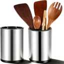 2 Pack 360 Rotating Stainless Steel Utensil Holder for Countertop, 4-Compartment Kitchen Organizer with Non-Slip Base, Large Capacity Spoon Fork Knife Crock for Cooking Tools Storage