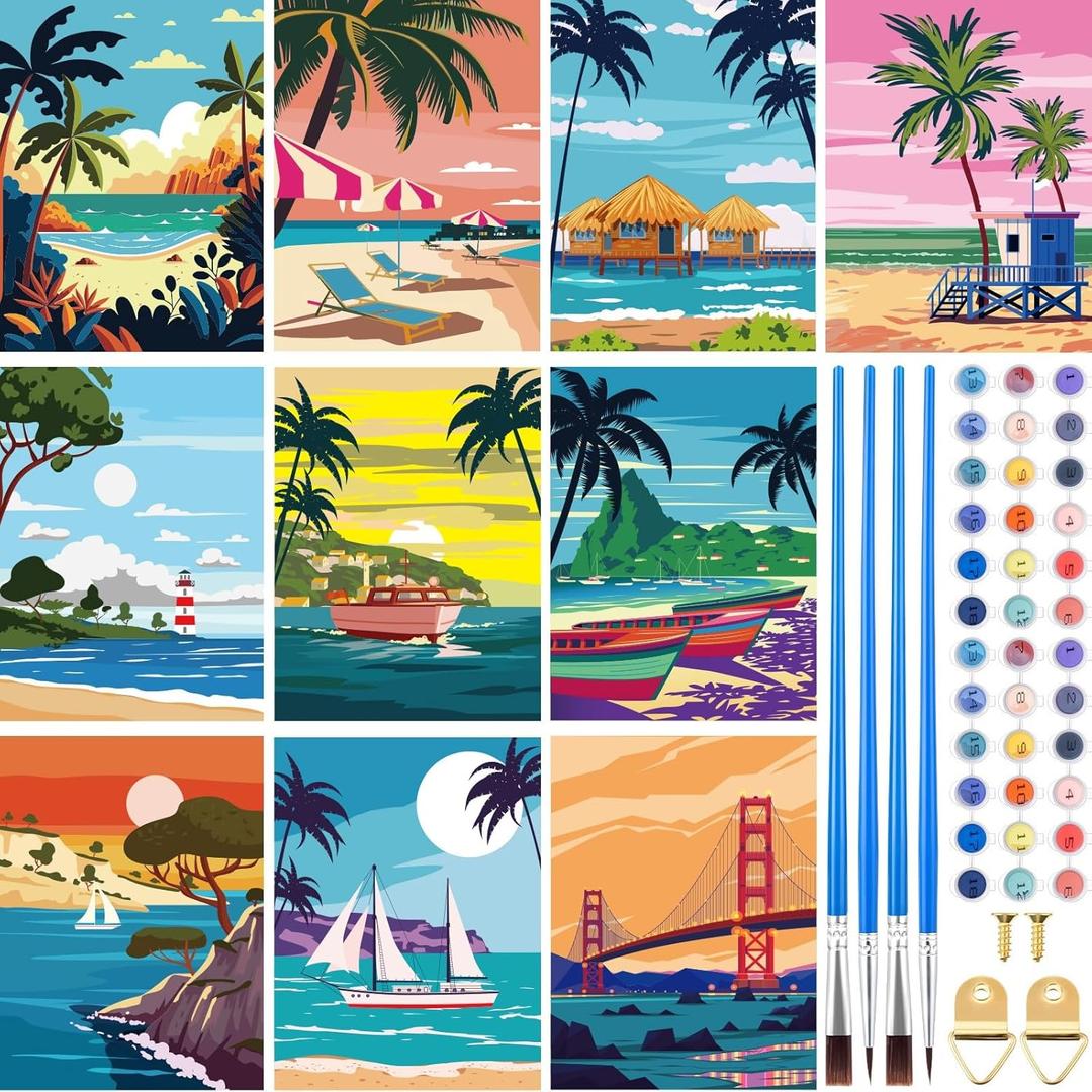 Gueevin 10 Pack Paint by Number DIY for Adults Christmas Paint by Numbers Acrylic Painting Kits Canvas, Without Frame, Simple Oil Painting for Christmas Gift Wall Decor 12 x 16 inch(Beach Style)