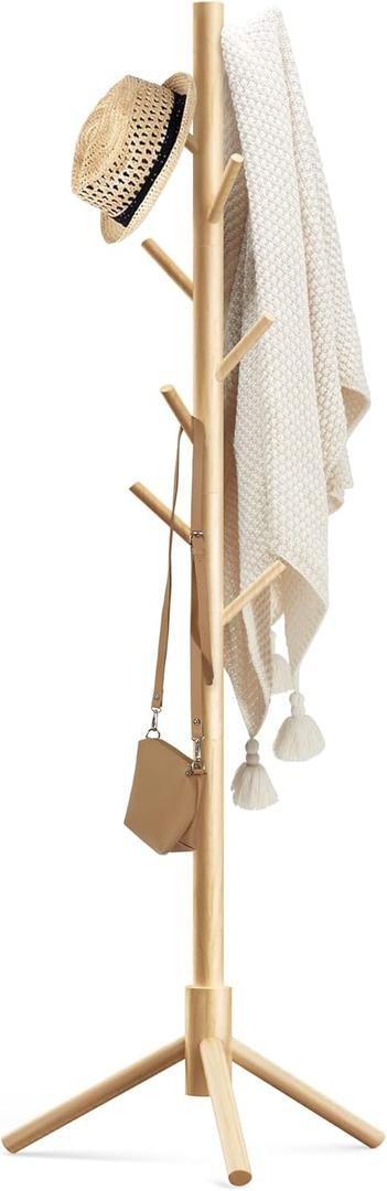 Haddockway Wooden Coat Rack Stand with 8 Hooks New Zealand Pine 3 Adjustable Coat Standing Tree Easy Assembly for Coats, Hats, Scarves and Handbags for Entryway, Hallway, Bedroom, Office