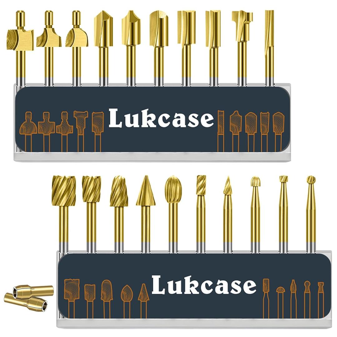Wood Carving Bits Titanium Coated Engraving Router Bit, 20pcs HSS Rotary Burr Set with 1/8" Shank for Rotary Tools for DIY Carving, Drilling Engraving, Woodworking, Trimming, 2 Collet Included