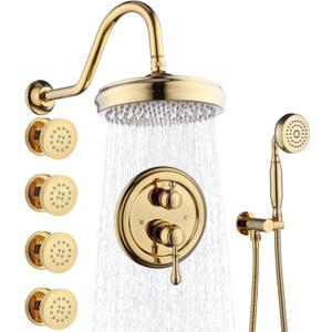 Enga Antique Shower Faucet Sets 8 inch Rainfall Head with Body Jets Handheld Spray Fixtures Combo, Brass 3 Way Diverter Rough in Valve Trim Kit, Bright Gold