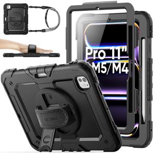 SEYMAC stock Case for iPad Pro 11-inch M5-M4 2025-2024, Shockproof Heavy Duty Case with Screen Protector, Pencil Holder, Rotating Stand, Hand Strap, Shoulder Strap, Black