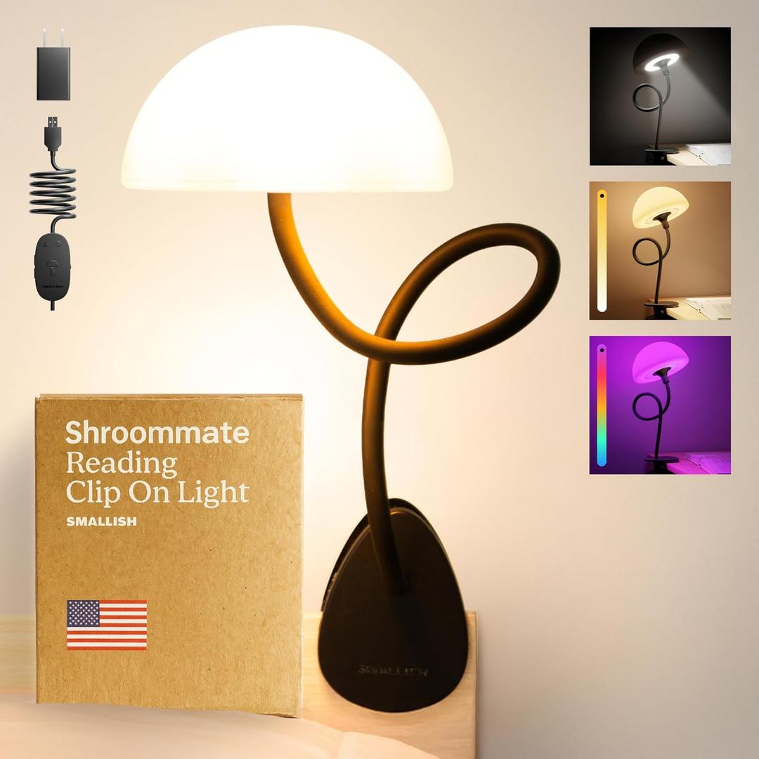 Shroommate Clip On Light and Bed Headboard Lamp, Bedside Table Lamp for Dorm, College Dorm Room Essentials, Night Light for Kids Nursery, Clip on for Desk, MultiColor LEDs, Adapter Included (Black)