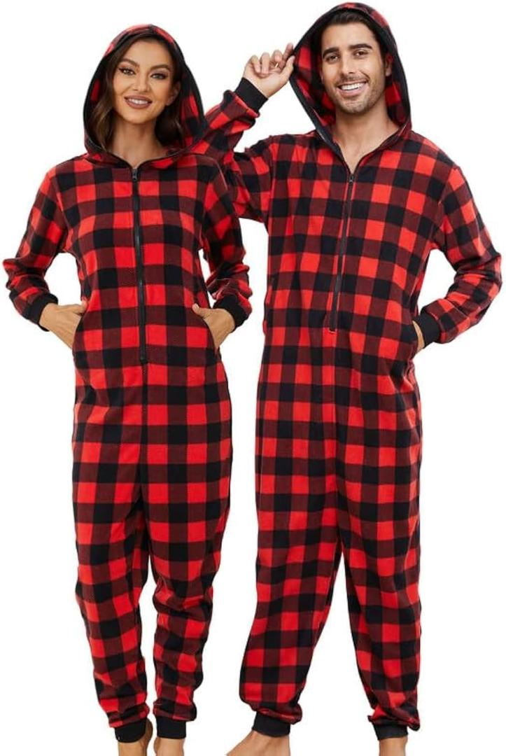 U2SKIIN Couple Onesie Pajama Sets, Hooded Zipper Christmas Matching Plaid Pjs Set for Men and Women Soft Warm Jumpsuit (Red, S)