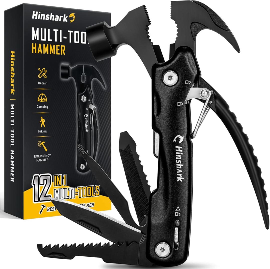 Fathers Day Dad Gifts for Men, 12 in 1 Hammer Multitool, Birthday Gifts for Men Dad Him Husband Grandpa, Dad Gifts for Fathers Day, Unique Camping Essentials Cool Gadgets Survival Tools (Black)