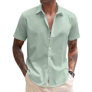COOFANDY Mens Linen Casual Short Sleeve Shirt Button Down Summer Beach Shirts (Large, Sage Green)