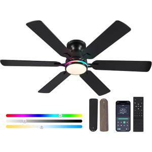 Ceiling Fans with Lights- 52" RGB Low Profile Indoor Ceiling Fan with Light and Remote/APP Control, Flush Mount, 6 Blade, LED Dimmable DC Reversible Modern Ceiling Fan for BedroomBlack