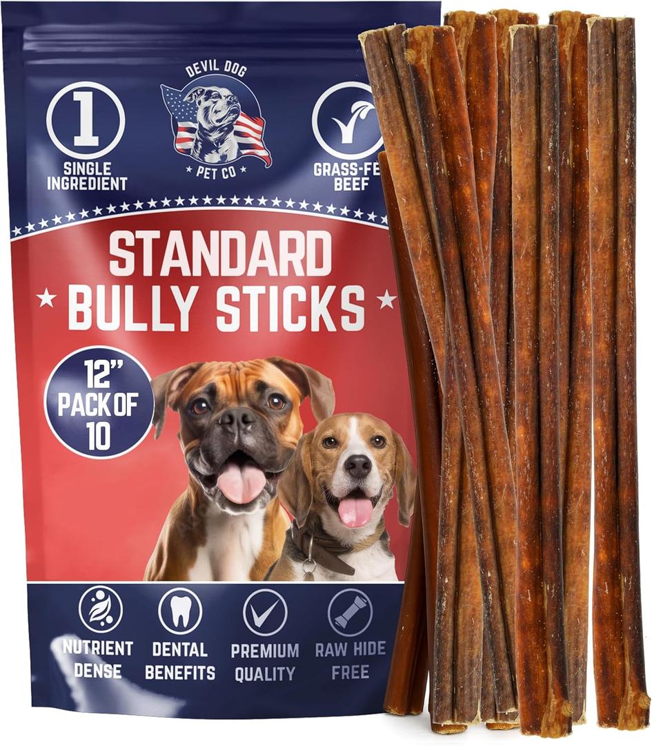 Devil Dog Pet Co. Bully Sticks  12 Inch, 10 Pack, Standard Sized Dog Chews, 100% Natural, Single Ingredient, Free-Range Grass-Fed Beef  Long Lasting, Rawhide-Free Treats for Dogs