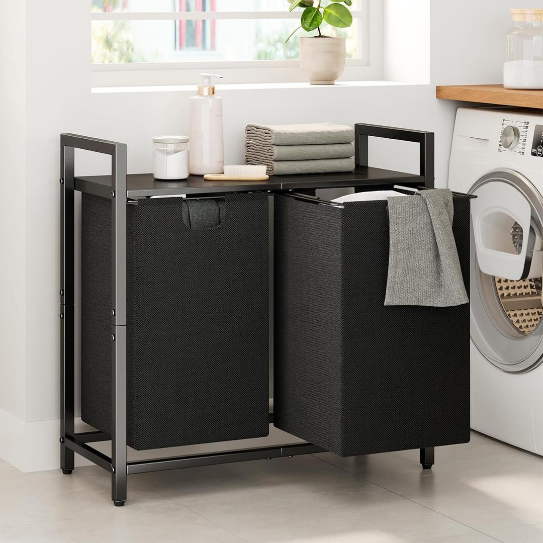 Kitstorack Laundry Basket Organizer, Laundry Hamper with Shelf & 2 Pull-Out Removable Bags, Dirty Clothes Hamper Organizer for Laundry Room Bathroom and Dorm, 2 x 11.8 gallons (44.5L) (Black)