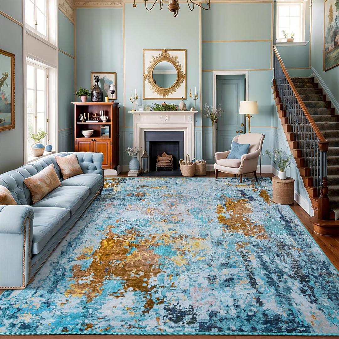 AROGAN 8x10 Rug Washable Area Rugs for Living Room, Modern Abstract Large Area Rug Non Slip Carpet, Low Pile Indoor Floor Soft Rug for Bedroom Dining Room Office Kids Playroom Decor, Mottled Blue (810 Feet)
