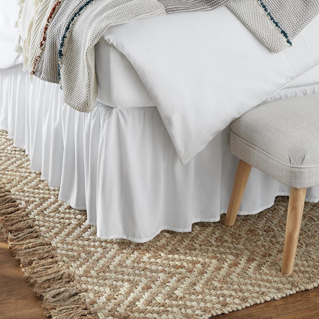 Amazon Basics Lightweight Ruffled Bed Skirt, Classic Style, Soft and Stylish 100% Microfiber with 16" Drop, Wrinkle Resistant, Machine Washable, Queen, Bright White, Solid